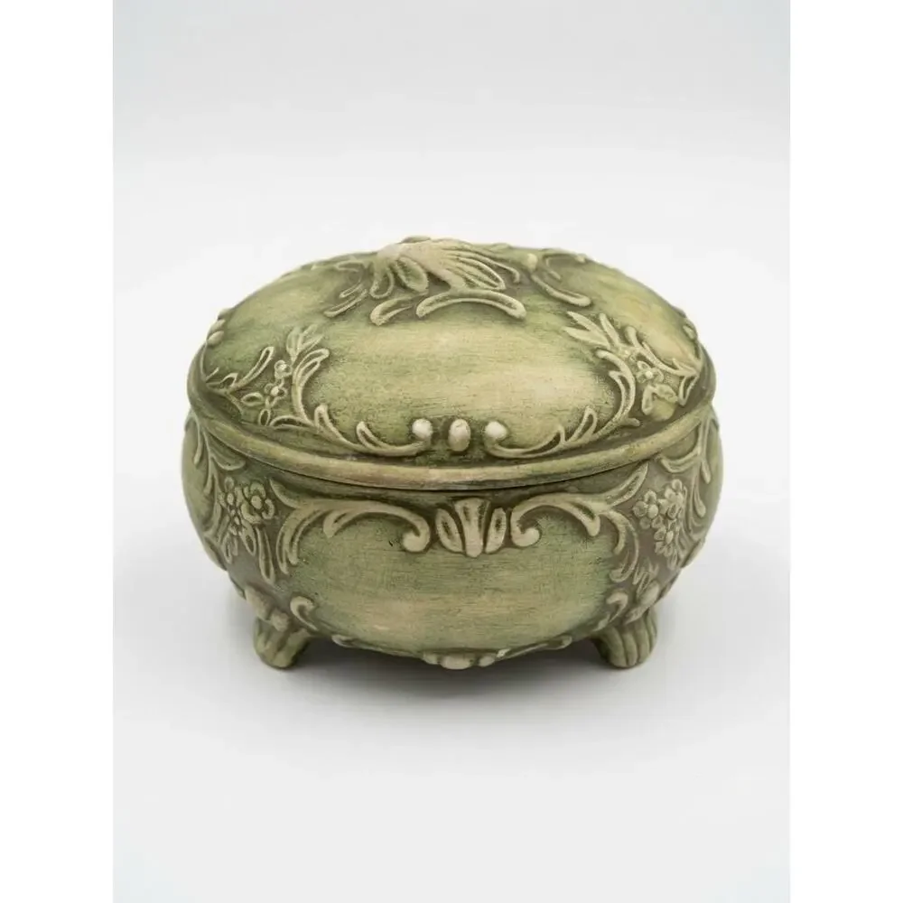 Vintage Art Nouveau Style Ceramic Jewelry Casket Green Patina Finish Marked GB
